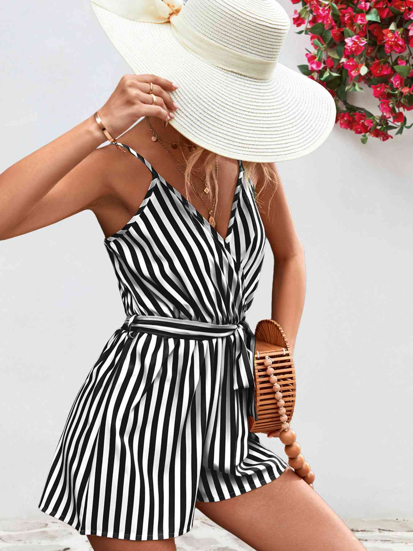 Striped Tie Waist Spaghetti Strap Romper - Bella Blue Styles