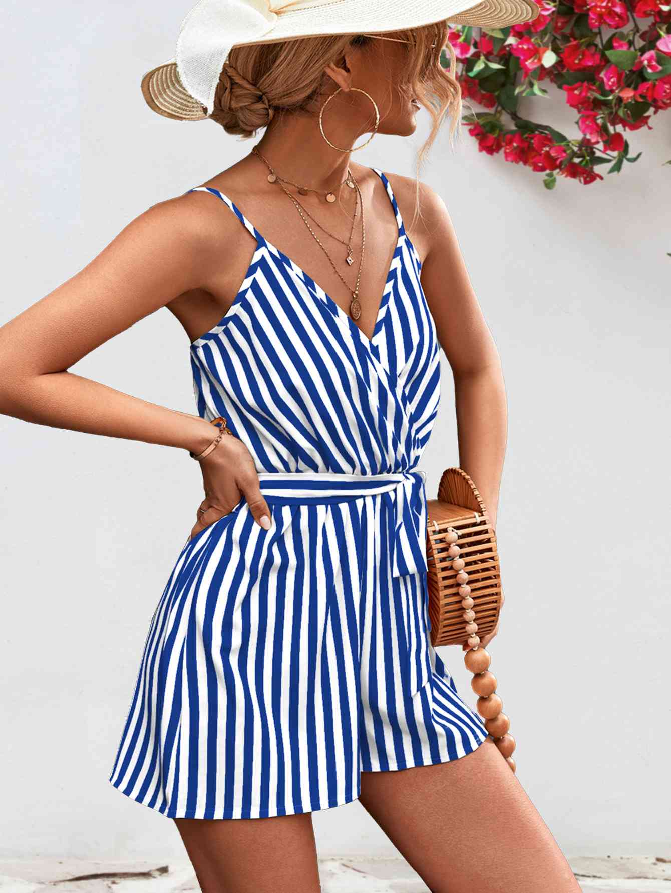 Striped Tie Waist Spaghetti Strap Romper - Bella Blue Styles