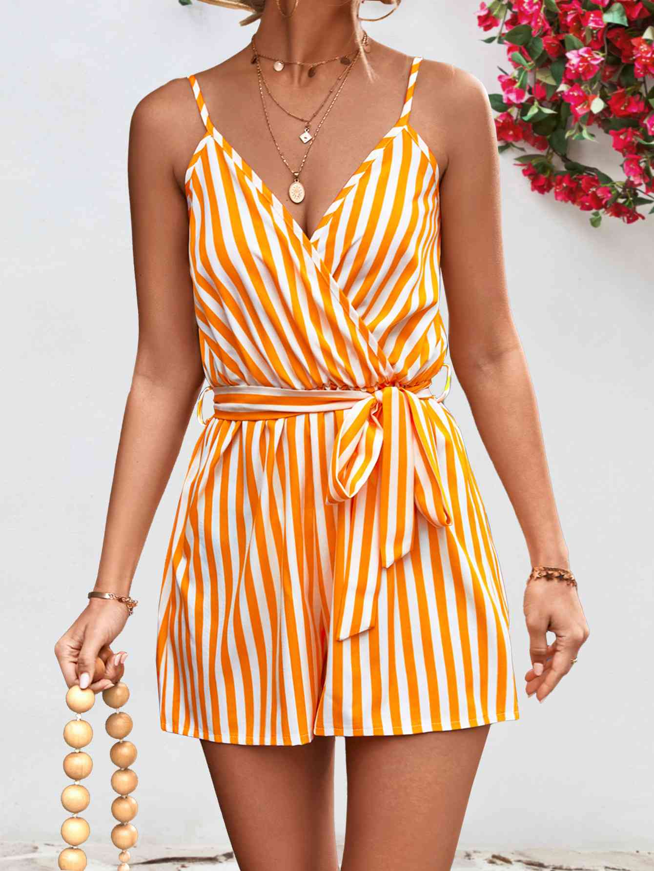 Striped Tie Waist Spaghetti Strap Romper - Bella Blue Styles