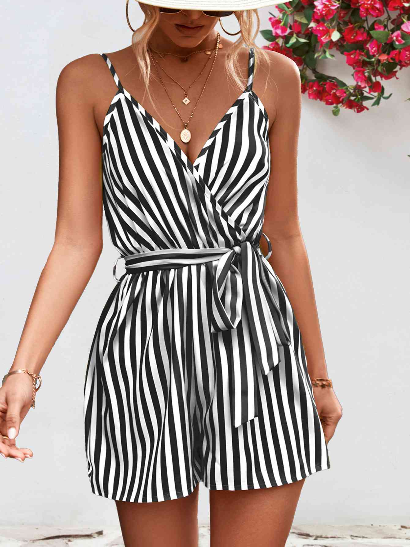 Striped Tie Waist Spaghetti Strap Romper - Bella Blue Styles