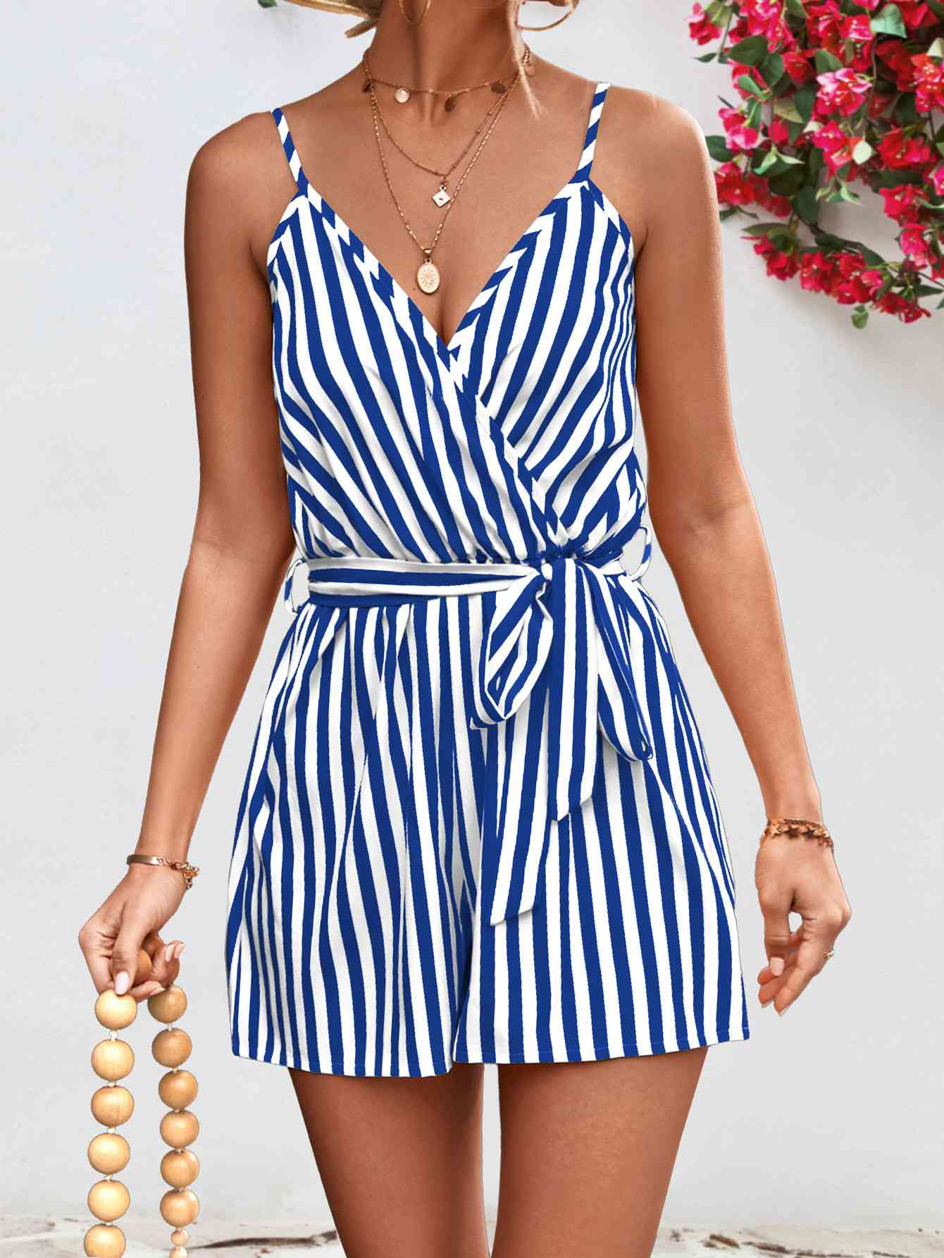 Striped Tie Waist Spaghetti Strap Romper - Bella Blue Styles