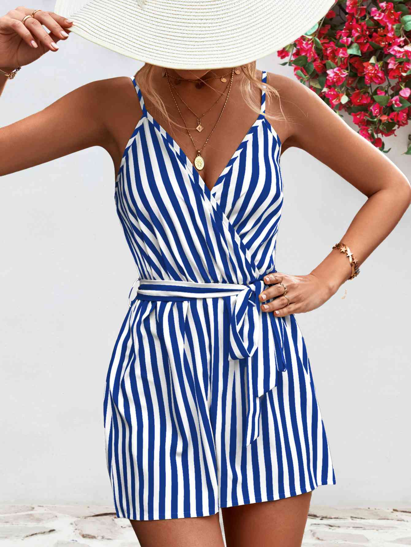 Striped Tie Waist Spaghetti Strap Romper - Bella Blue Styles