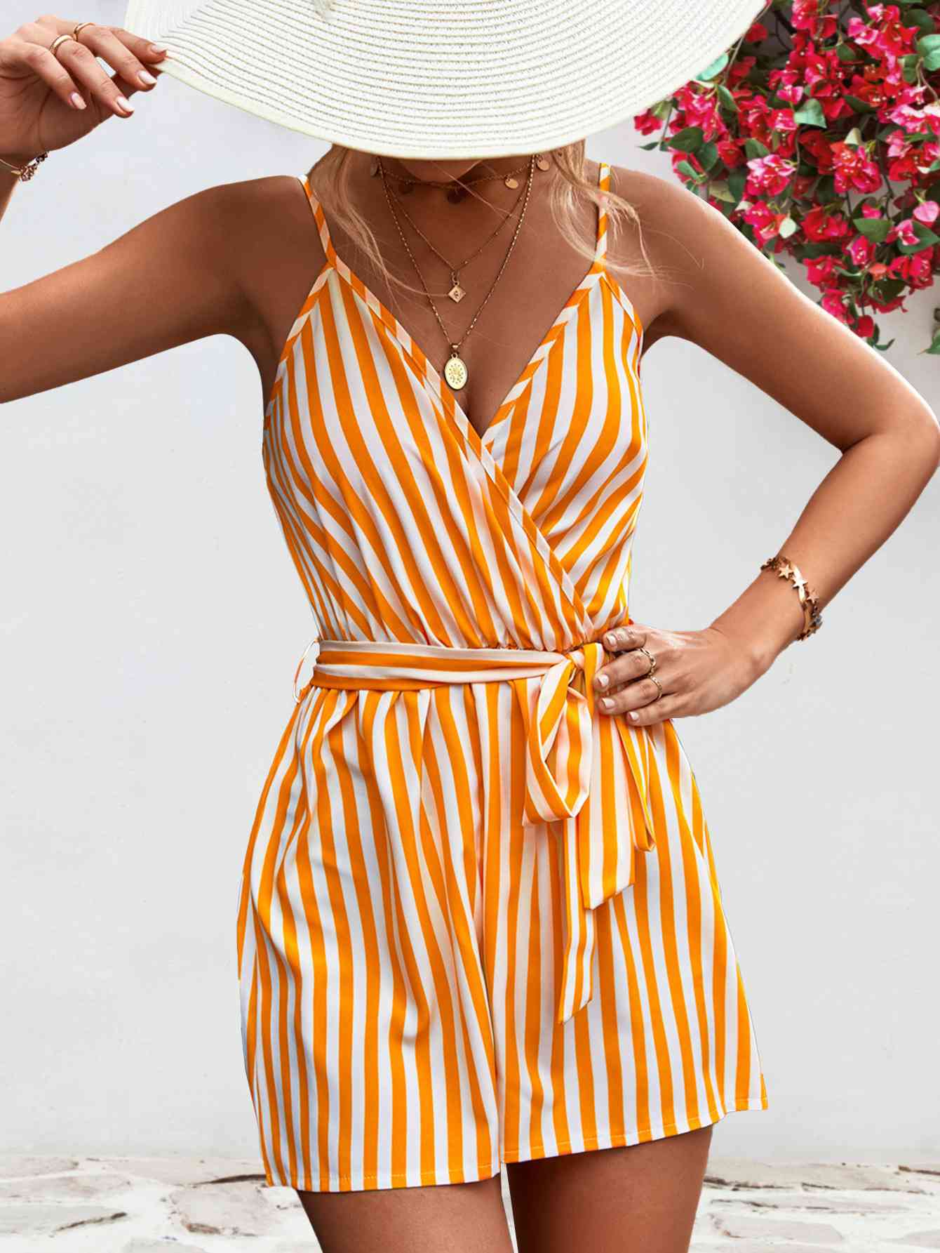 Striped Tie Waist Spaghetti Strap Romper - Bella Blue Styles