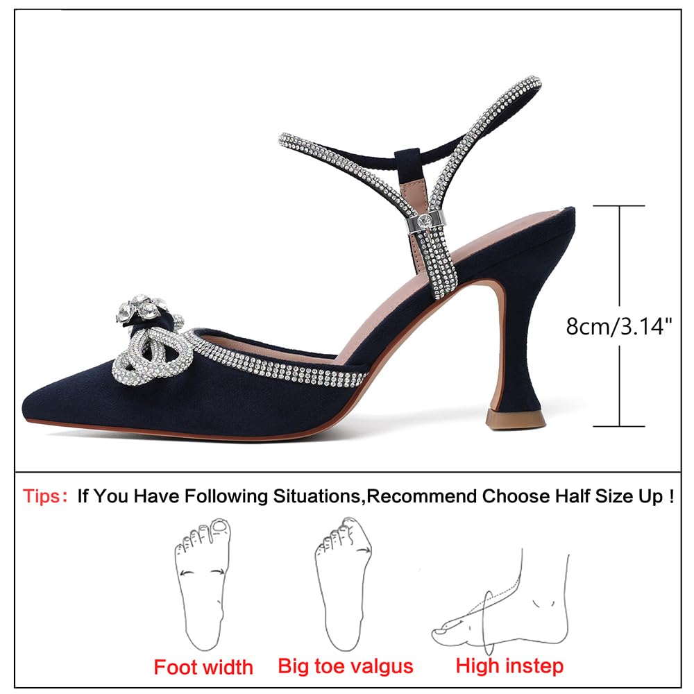 Susanny Women's Navy Blue Bow Heels Wedding Sparkly Closed Toe Shoes Strappy Dressy High Heels Sexy Rhinestone Ankle Strap Pumps Bridal Party Dress Shoes 8.5 - Bella Blue Styles