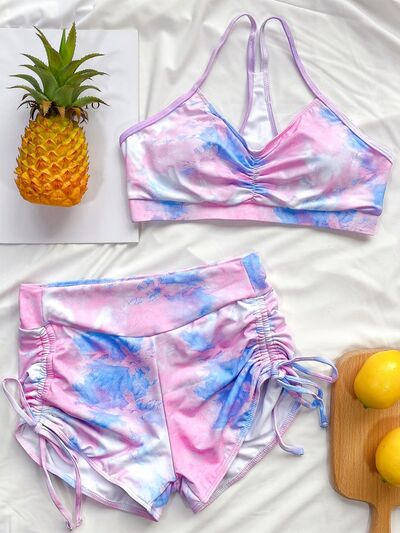 Tie-Dye Spaghetti Strap Top and Drawstring Shorts Swim Set - Bella Blue Styles