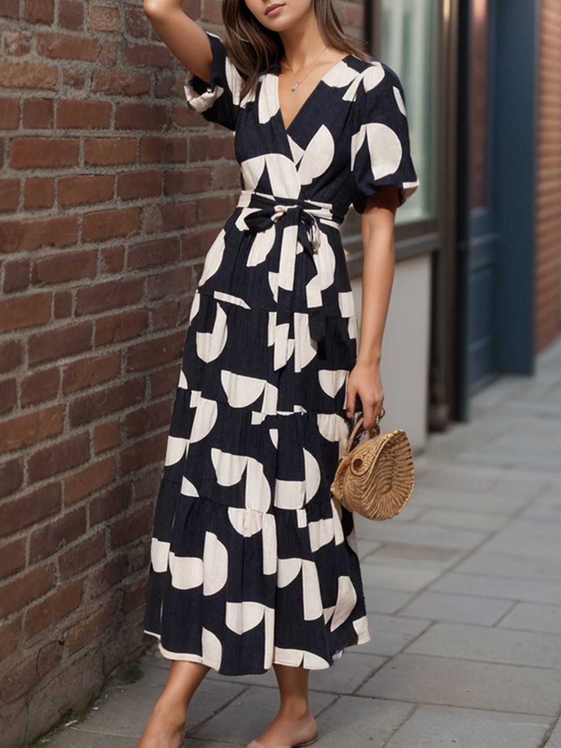 Tied Slit Printed Half Sleeve Midi Dress - Bella Blue Styles