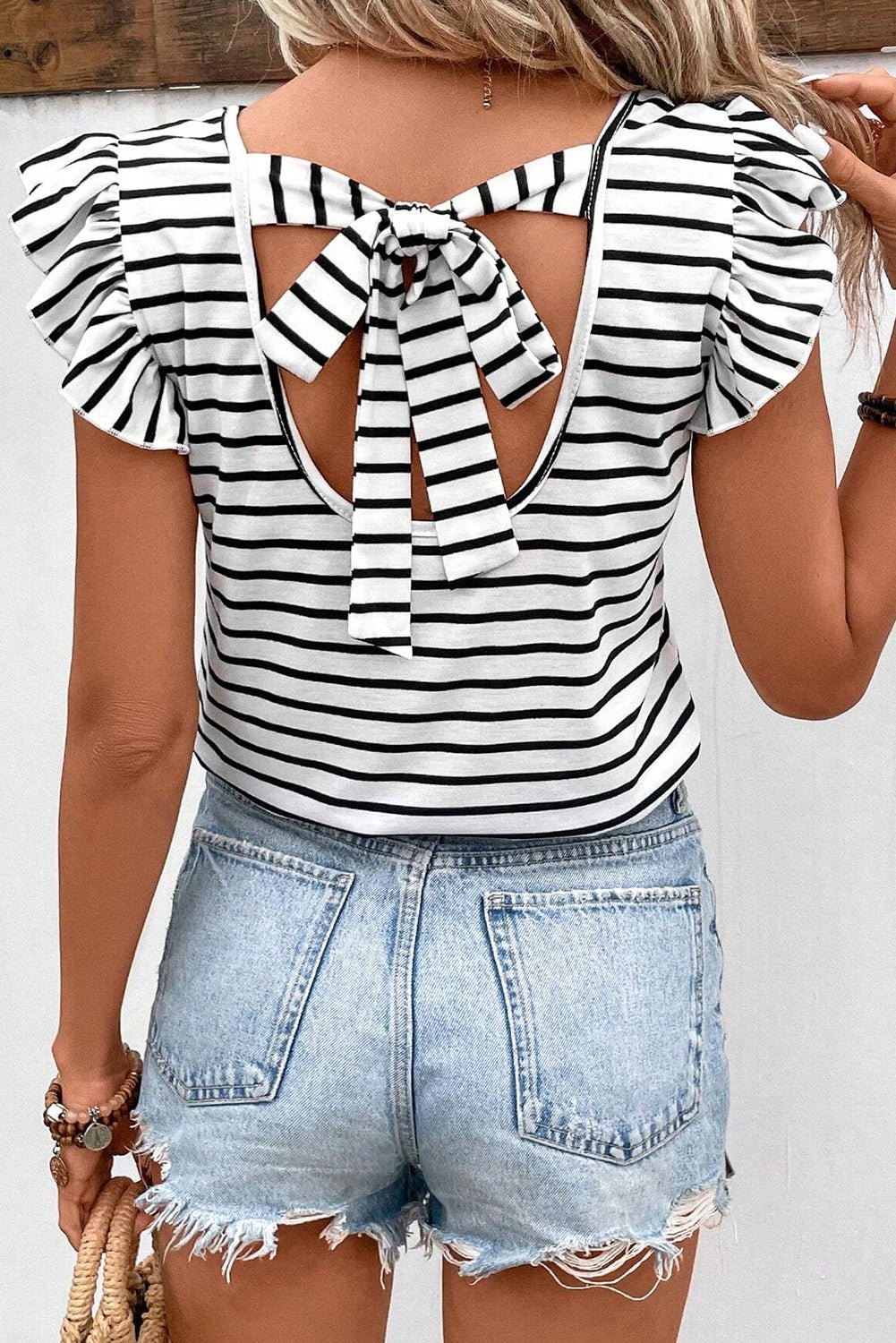 Tied Striped V-Neck Cap Sleeve Blouse - Bella Blue Styles