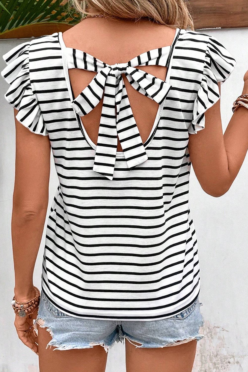 Tied Striped V-Neck Cap Sleeve Blouse - Bella Blue Styles