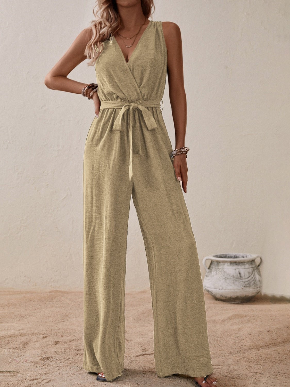 Tied Surplice Sleeveless Wide Leg Jumpsuit - Bella Blue Styles