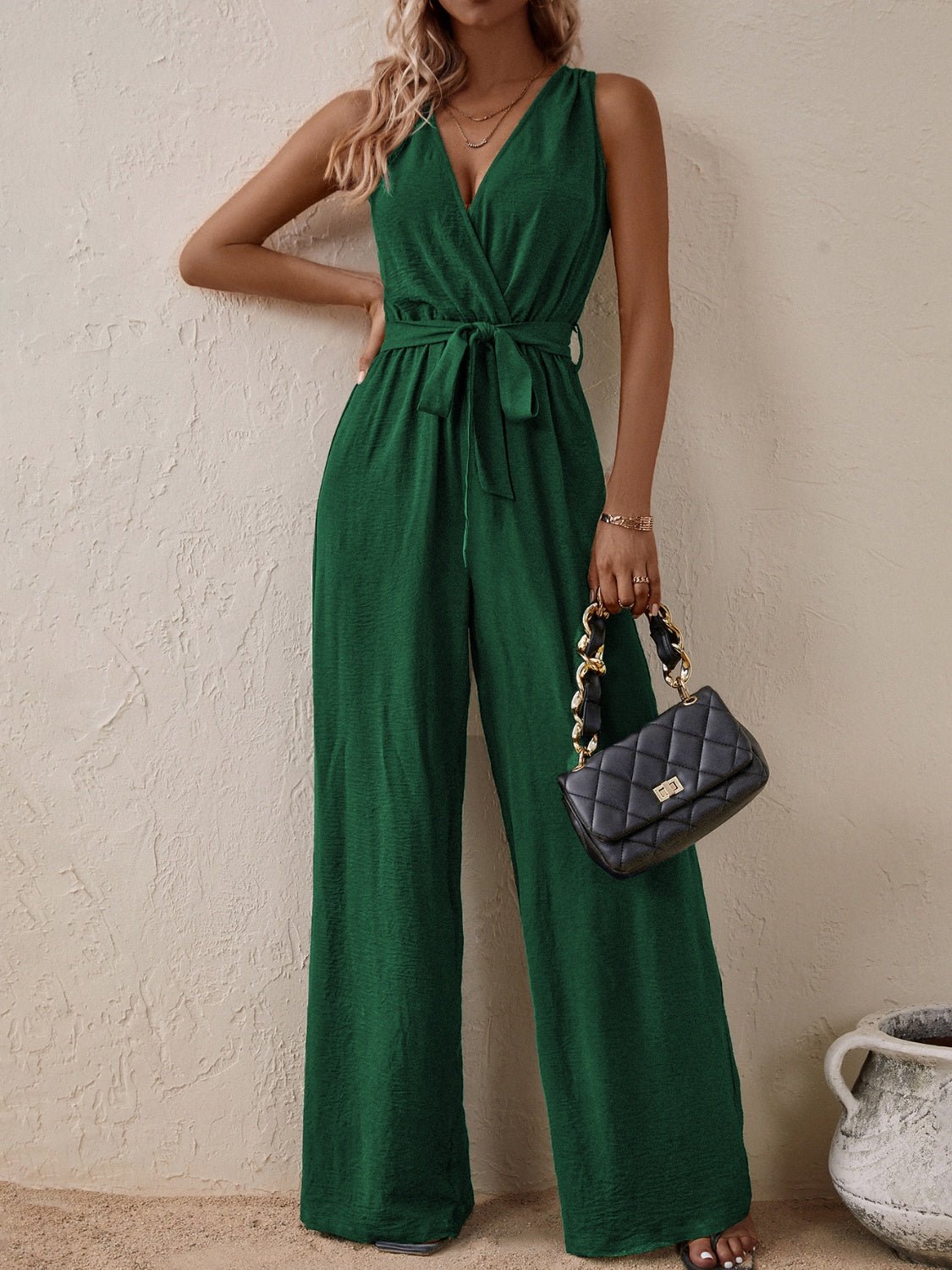 Tied Surplice Sleeveless Wide Leg Jumpsuit - Bella Blue Styles