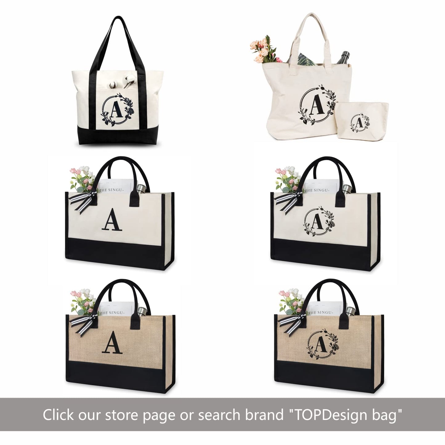 TOPDesign Embroidery Initial Canvas Tote Bag, Personalized Present Bag, Suitable for Wedding, Birthday, Beach, Holiday, is a Great Gift for Women, Mom, Teachers, Friends, Bridesmaids (Letter A) - Bella Blue Styles