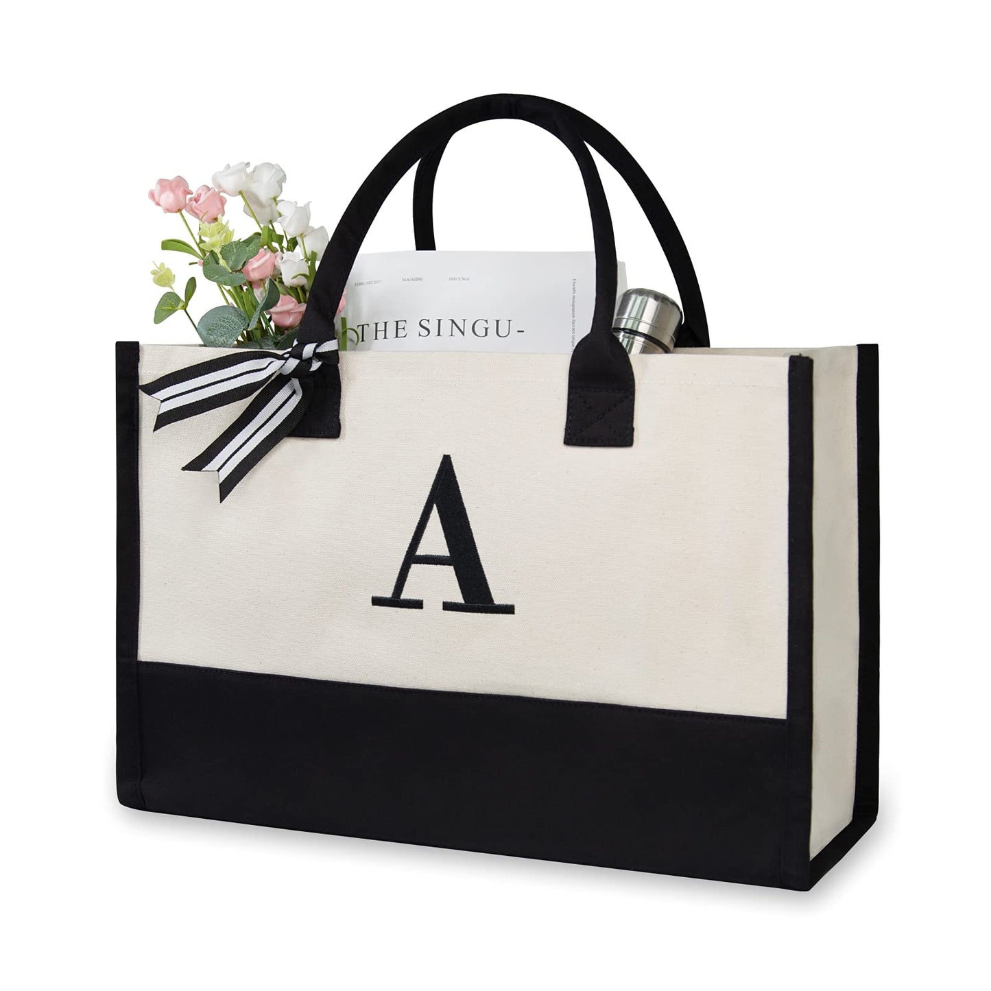 TOPDesign Embroidery Initial Canvas Tote Bag, Personalized Present Bag, Suitable for Wedding, Birthday, Beach, Holiday, is a Great Gift for Women, Mom, Teachers, Friends, Bridesmaids (Letter A) - Bella Blue Styles