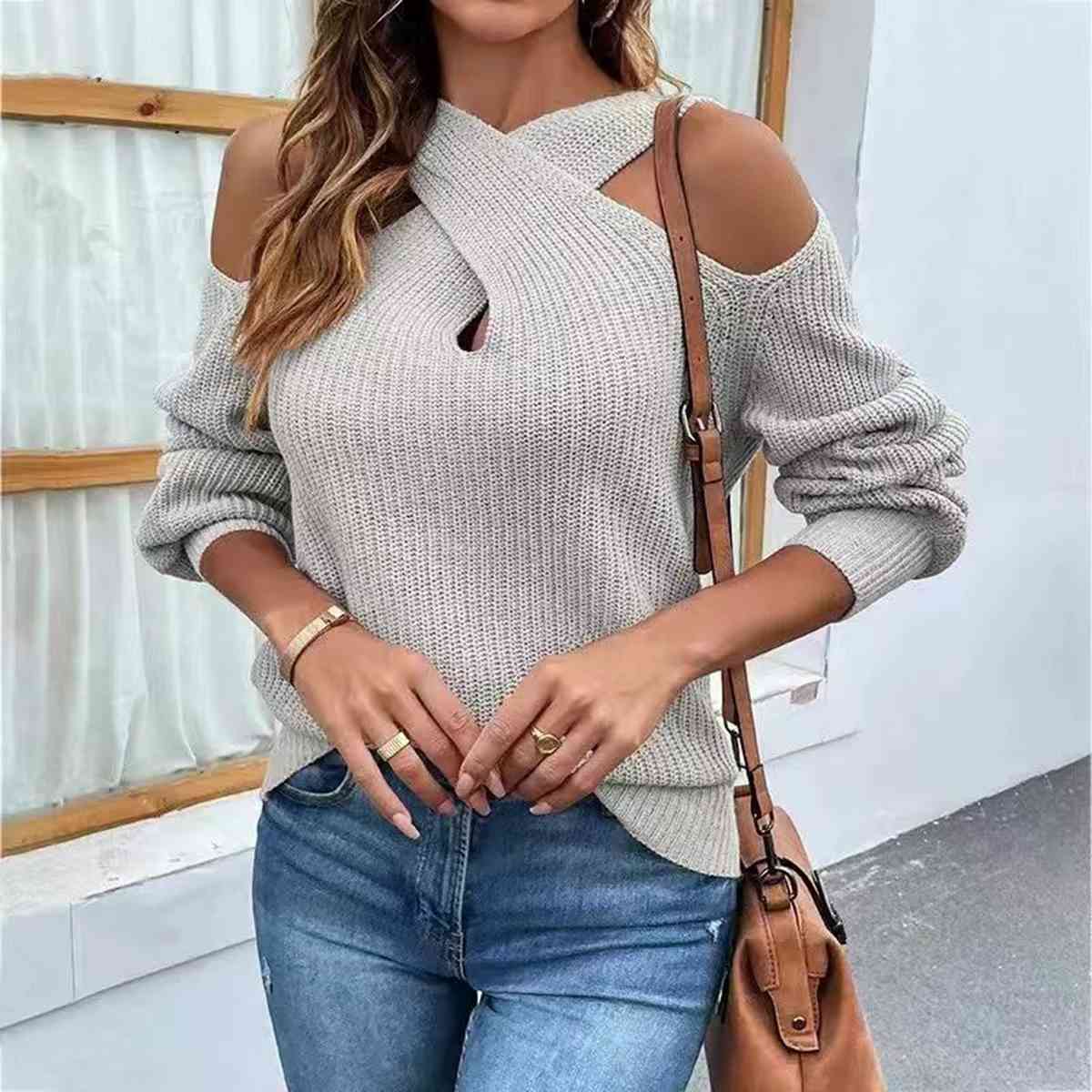 Tori Crisscross Cold-Shoulder Sweater - Bella Blue Styles