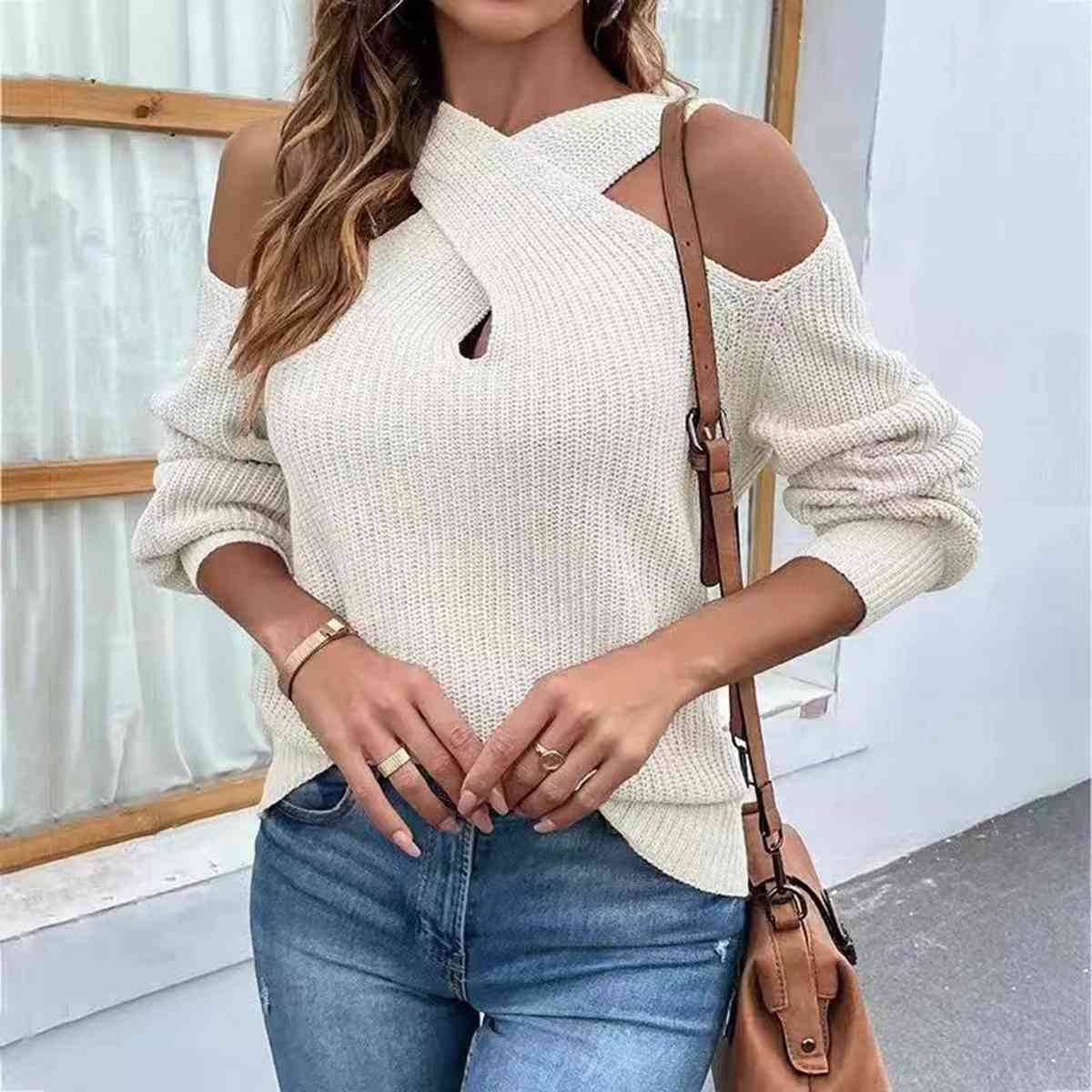 Tori Crisscross Cold-Shoulder Sweater - Bella Blue Styles