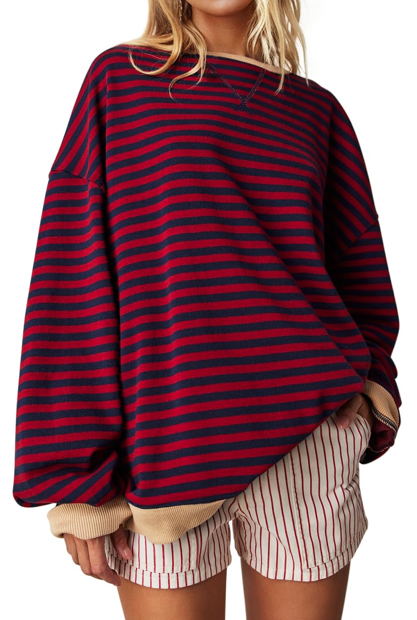 UEU Womens Oversized Striped Pullover Long Sleeve Crew Neck Sweatshirts for Fall Red Navy Striped Large - Bella Blue Styles