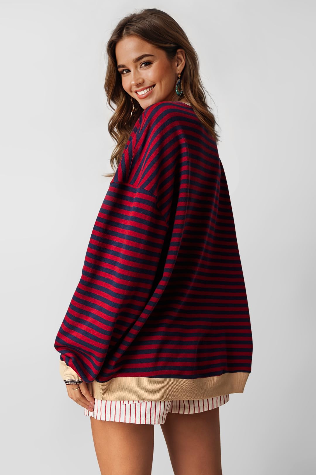 UEU Womens Oversized Striped Pullover Long Sleeve Crew Neck Sweatshirts for Fall Red Navy Striped Large - Bella Blue Styles