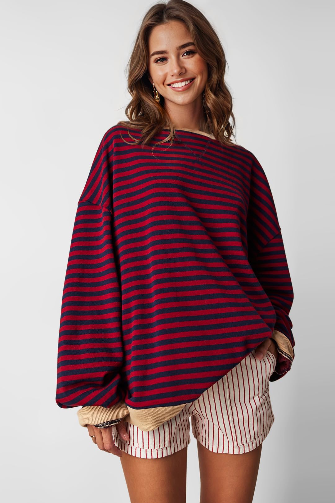 UEU Womens Oversized Striped Pullover Long Sleeve Crew Neck Sweatshirts for Fall Red Navy Striped Large - Bella Blue Styles