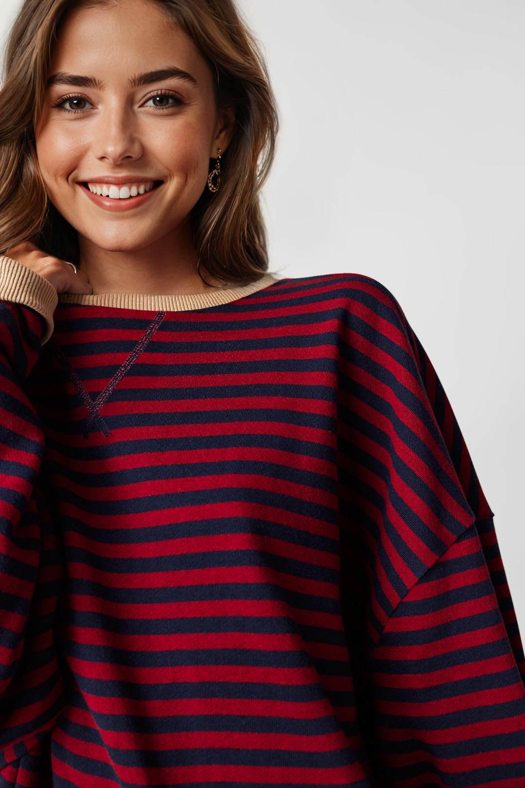 UEU Womens Oversized Striped Pullover Long Sleeve Crew Neck Sweatshirts for Fall Red Navy Striped Large - Bella Blue Styles