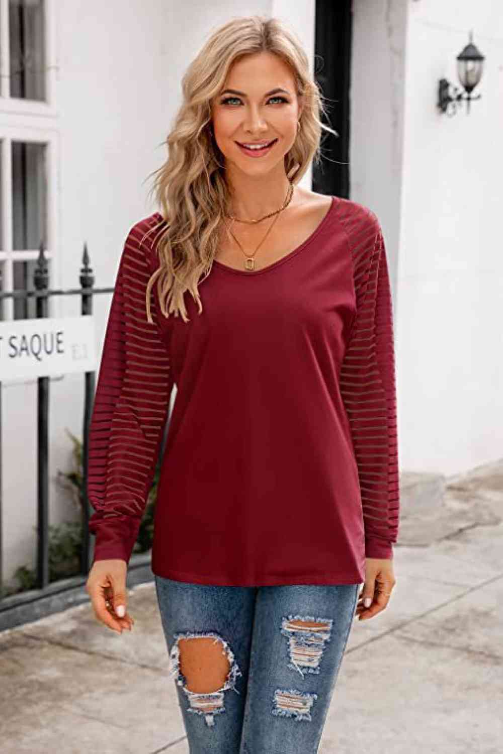 V-Neck Long Raglan Sleeve Blouse - Bella Blue Styles