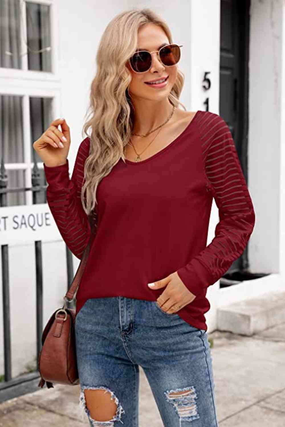 V-Neck Long Raglan Sleeve Blouse - Bella Blue Styles