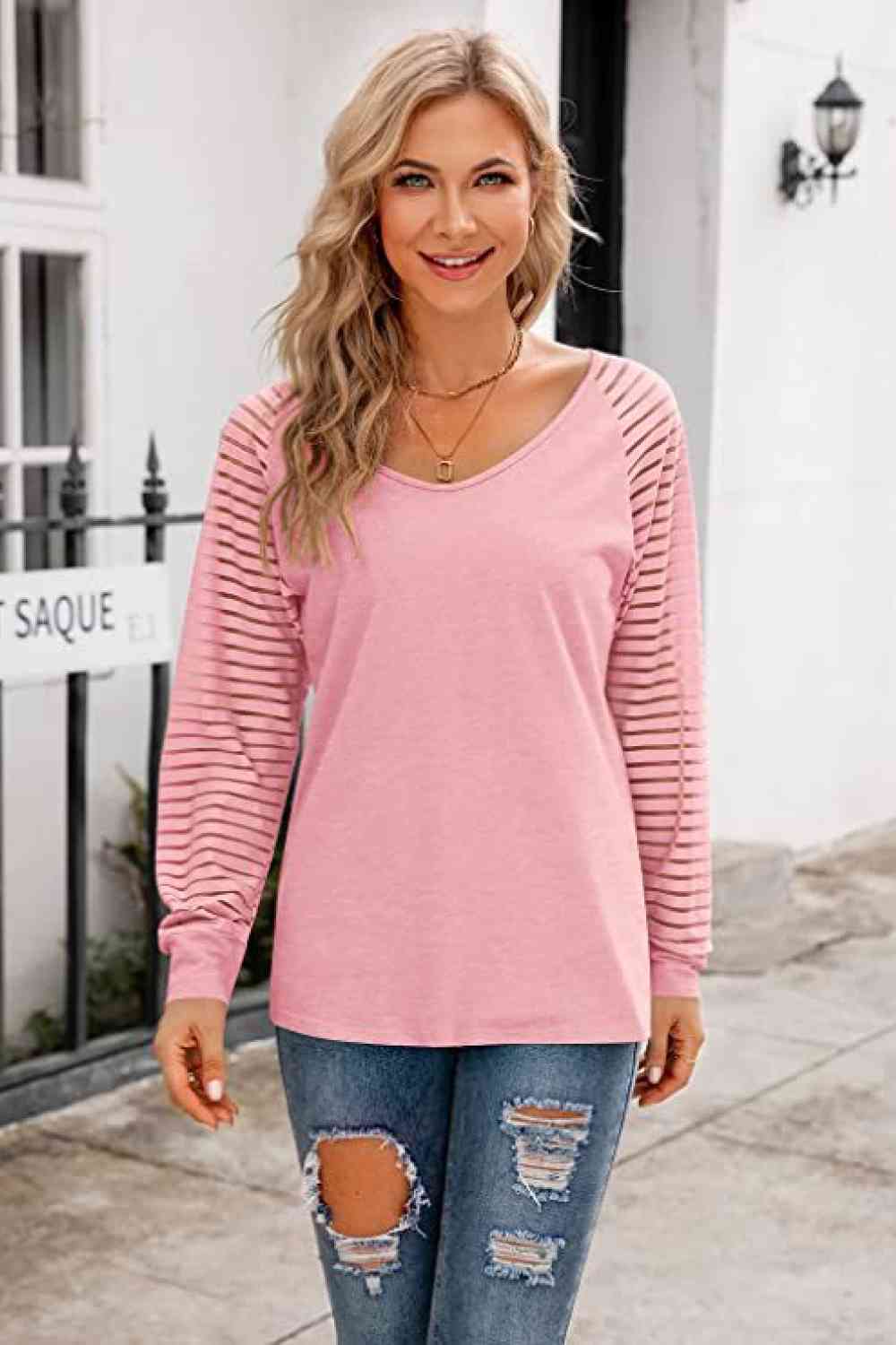 V-Neck Long Raglan Sleeve Blouse - Bella Blue Styles