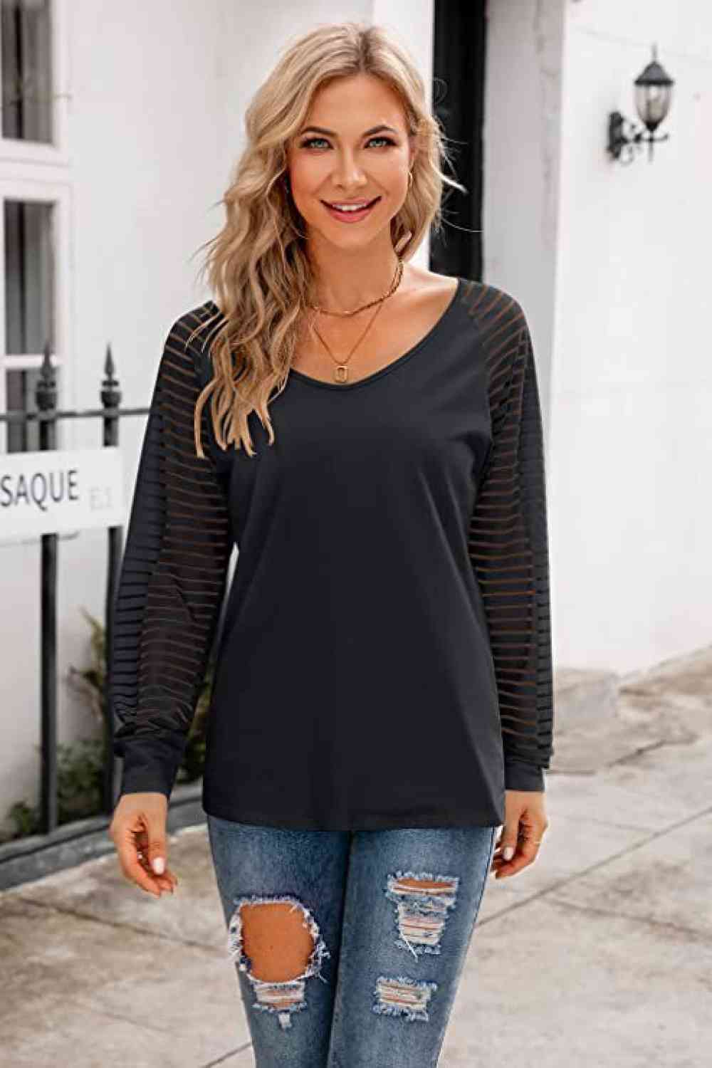 V-Neck Long Raglan Sleeve Blouse - Bella Blue Styles