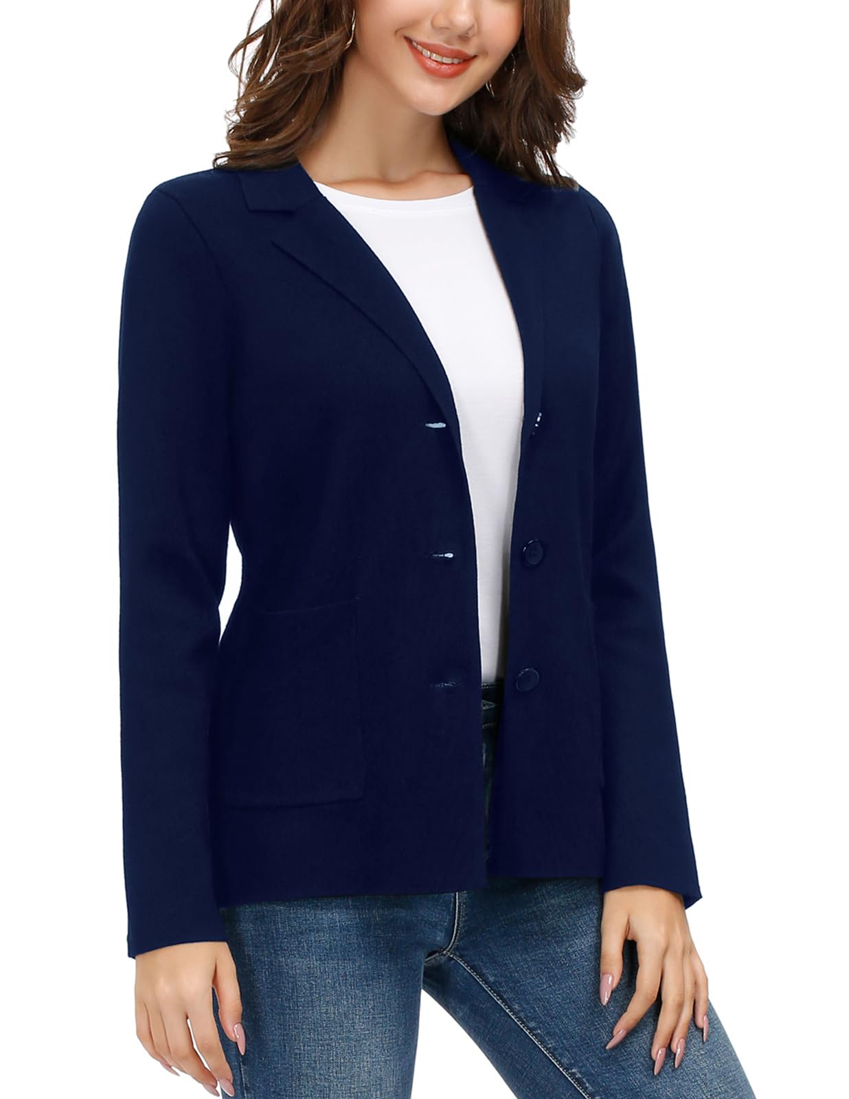 Versatile Business Work Office Suit Blazers Ladies Plus Size Stretch Casual Knit Jackets(XL, Navy Blue) - Bella Blue Styles