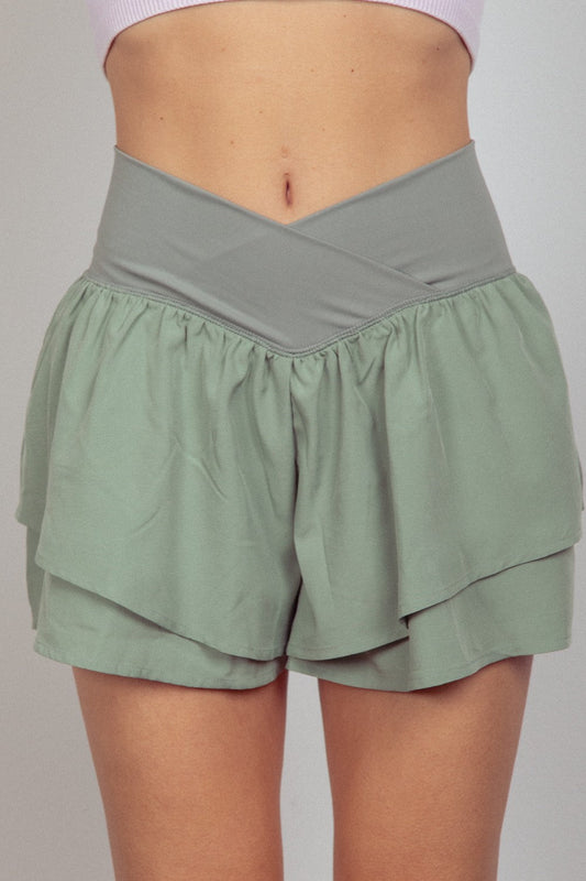 VERY J V - Shaped High Waist Layered Active Shorts Sage - Bella Blue Styles