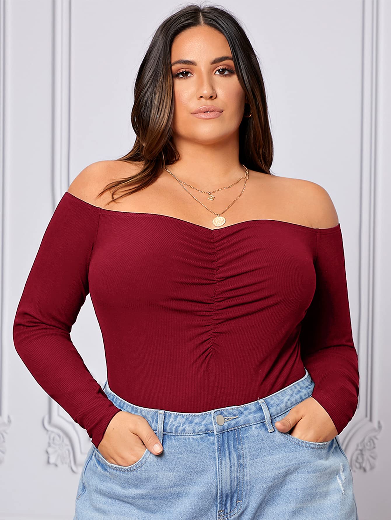 WDIRARA Women's Plus Size Off The Shoulder Long Sleeve Ruched Bodysuit Tops Burgundy 1XL - Bella Blue Styles