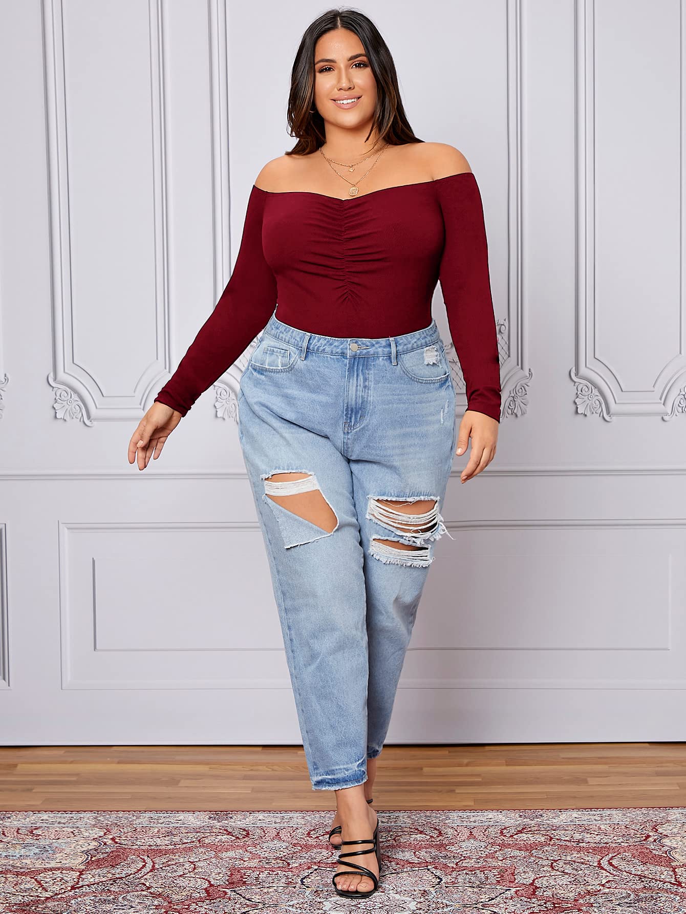 WDIRARA Women's Plus Size Off The Shoulder Long Sleeve Ruched Bodysuit Tops Burgundy 1XL - Bella Blue Styles