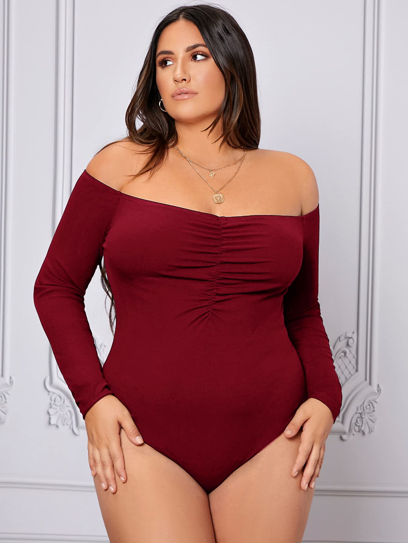 WDIRARA Women's Plus Size Off The Shoulder Long Sleeve Ruched Bodysuit Tops Burgundy 1XL - Bella Blue Styles