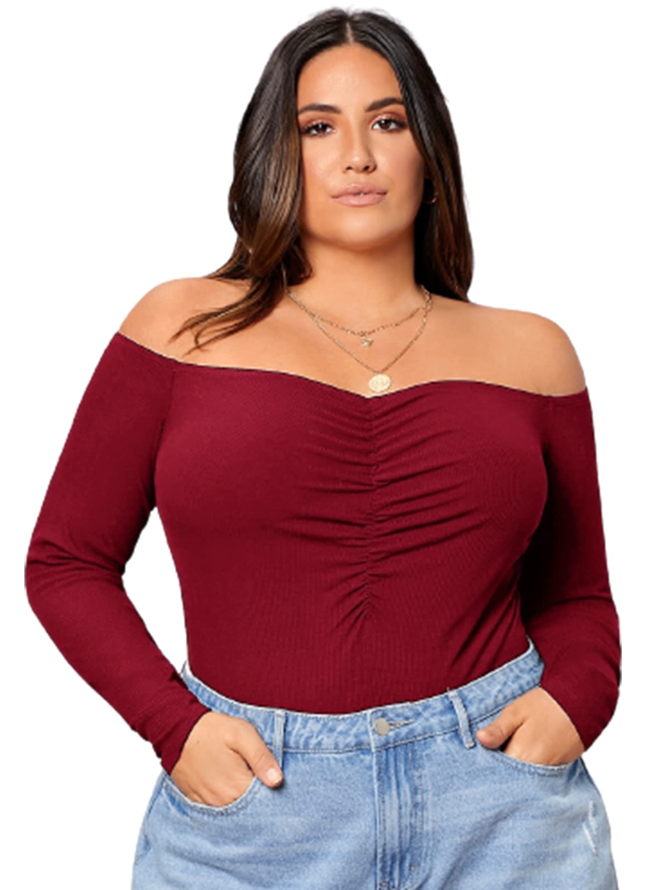 WDIRARA Women's Plus Size Off The Shoulder Long Sleeve Ruched Bodysuit Tops Burgundy 1XL - Bella Blue Styles