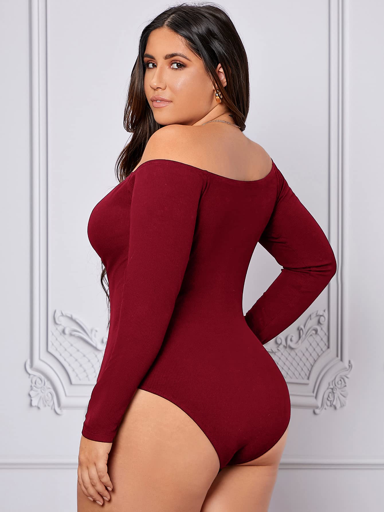 WDIRARA Women's Plus Size Off The Shoulder Long Sleeve Ruched Bodysuit Tops Burgundy 1XL - Bella Blue Styles