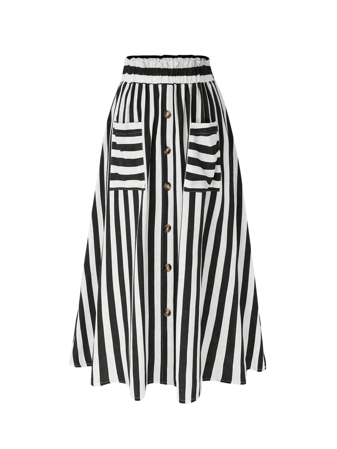 WDIRARA Women's Plus Size Striped Flare Button Front High Waist Pocket A Line Midi Skirt Black and White - Bella Blue Styles