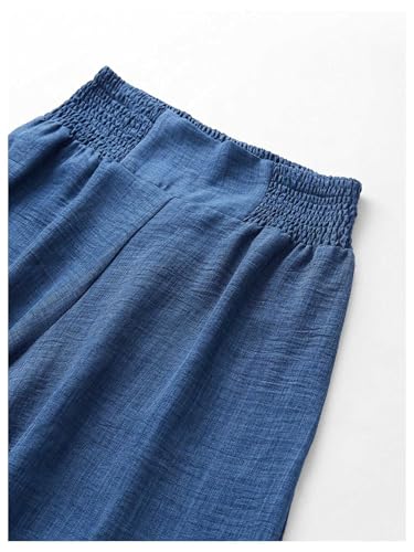 WDIRARA Women's Wide Leg Long Pants Elastic Smocked High Waisted Casual Palazzo Trousers Royal Blue Medium - Bella Blue Styles