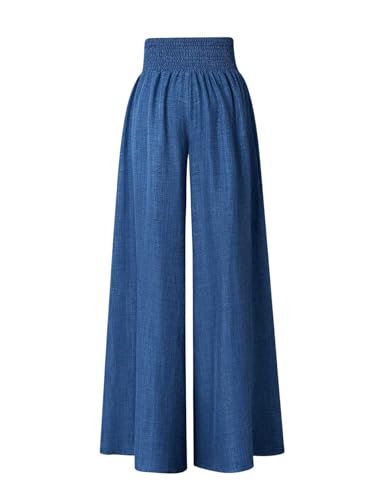 WDIRARA Women's Wide Leg Long Pants Elastic Smocked High Waisted Casual Palazzo Trousers Royal Blue Medium - Bella Blue Styles