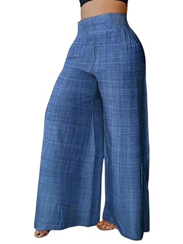 WDIRARA Women's Wide Leg Long Pants Elastic Smocked High Waisted Casual Palazzo Trousers Royal Blue Medium - Bella Blue Styles