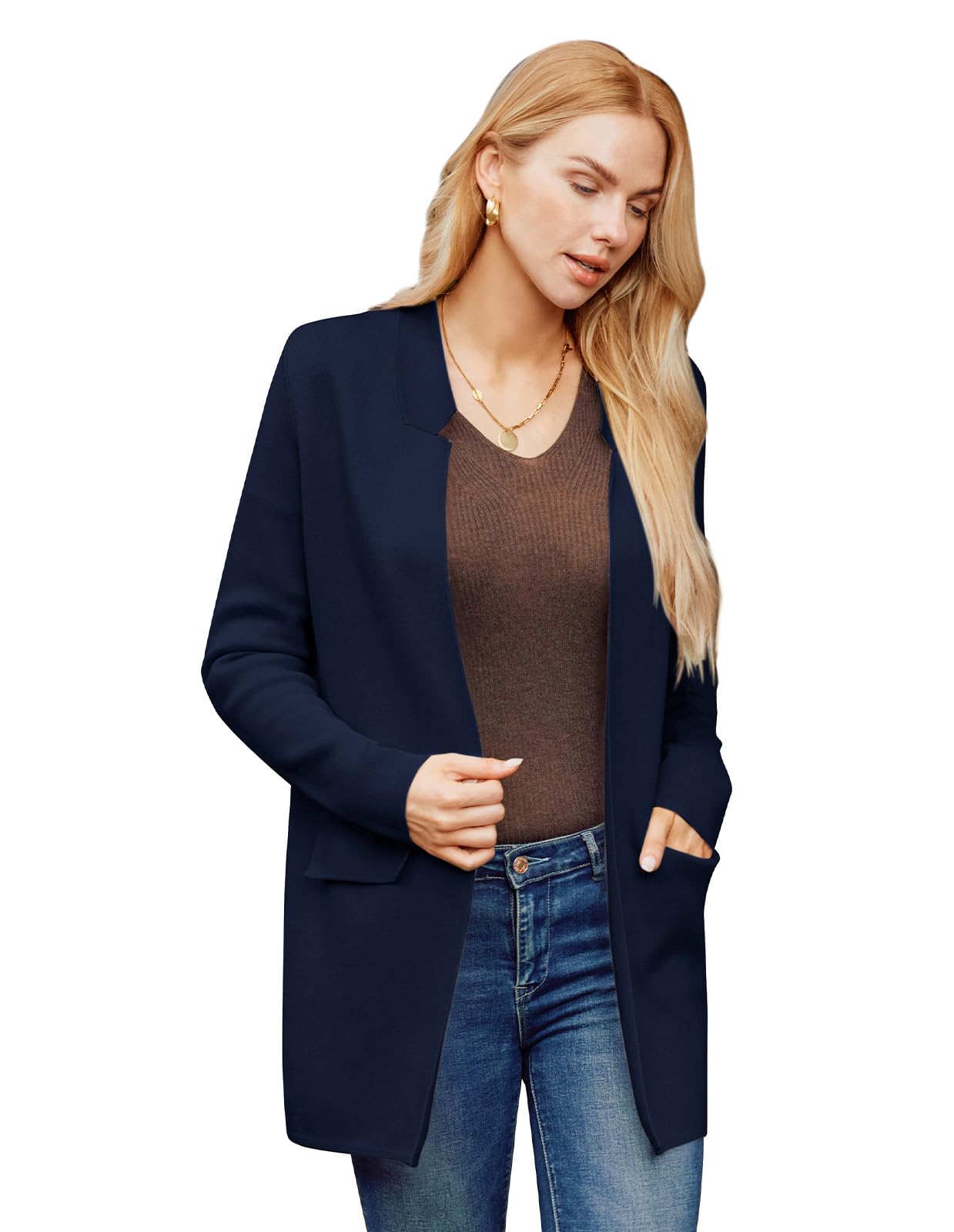 Women 2024 Long Sleeve Knit Cardigan Sweater Coat Open Front Sweater Blazer Lightweight Coatigan Jackets Navy XL - Bella Blue Styles