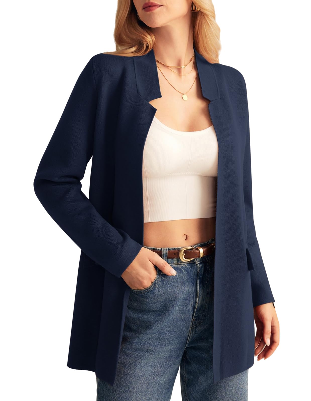 Women 2024 Long Sleeve Knit Cardigan Sweater Coat Open Front Sweater Blazer Lightweight Coatigan Jackets Navy XL - Bella Blue Styles