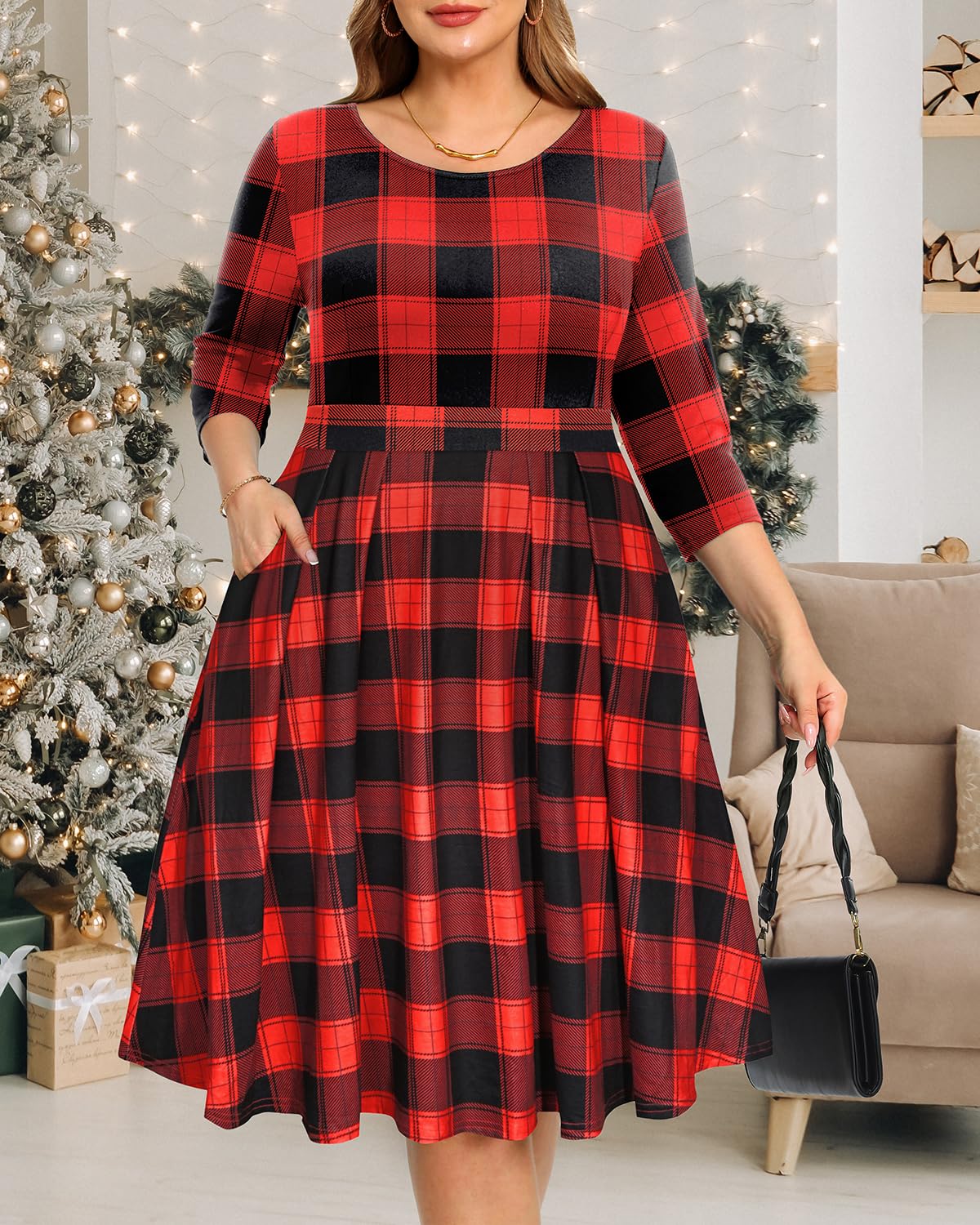 Women Plus Size Christmas Dress — Xmas Buffalo Plaid Black Red Holiday 2024 Fall 3/4 Sleeve Round Neck Midi Dresses - Bella Blue Styles