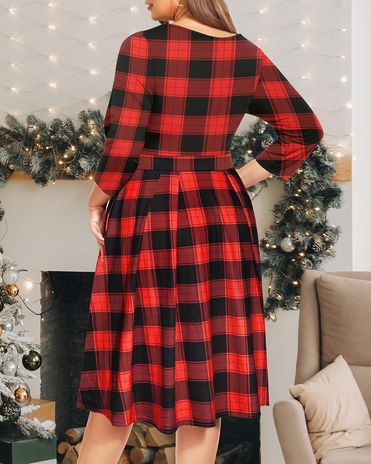 Women Plus Size Christmas Dress — Xmas Buffalo Plaid Black Red Holiday 2024 Fall 3/4 Sleeve Round Neck Midi Dresses - Bella Blue Styles