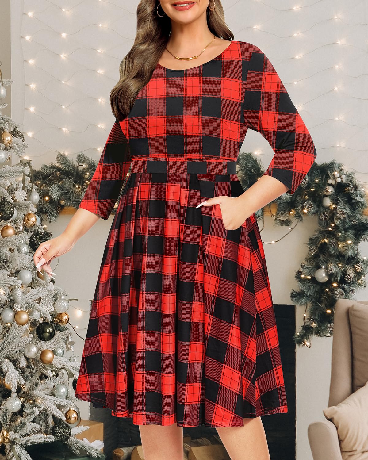 Women Plus Size Christmas Dress — Xmas Buffalo Plaid Black Red Holiday 2024 Fall 3/4 Sleeve Round Neck Midi Dresses - Bella Blue Styles