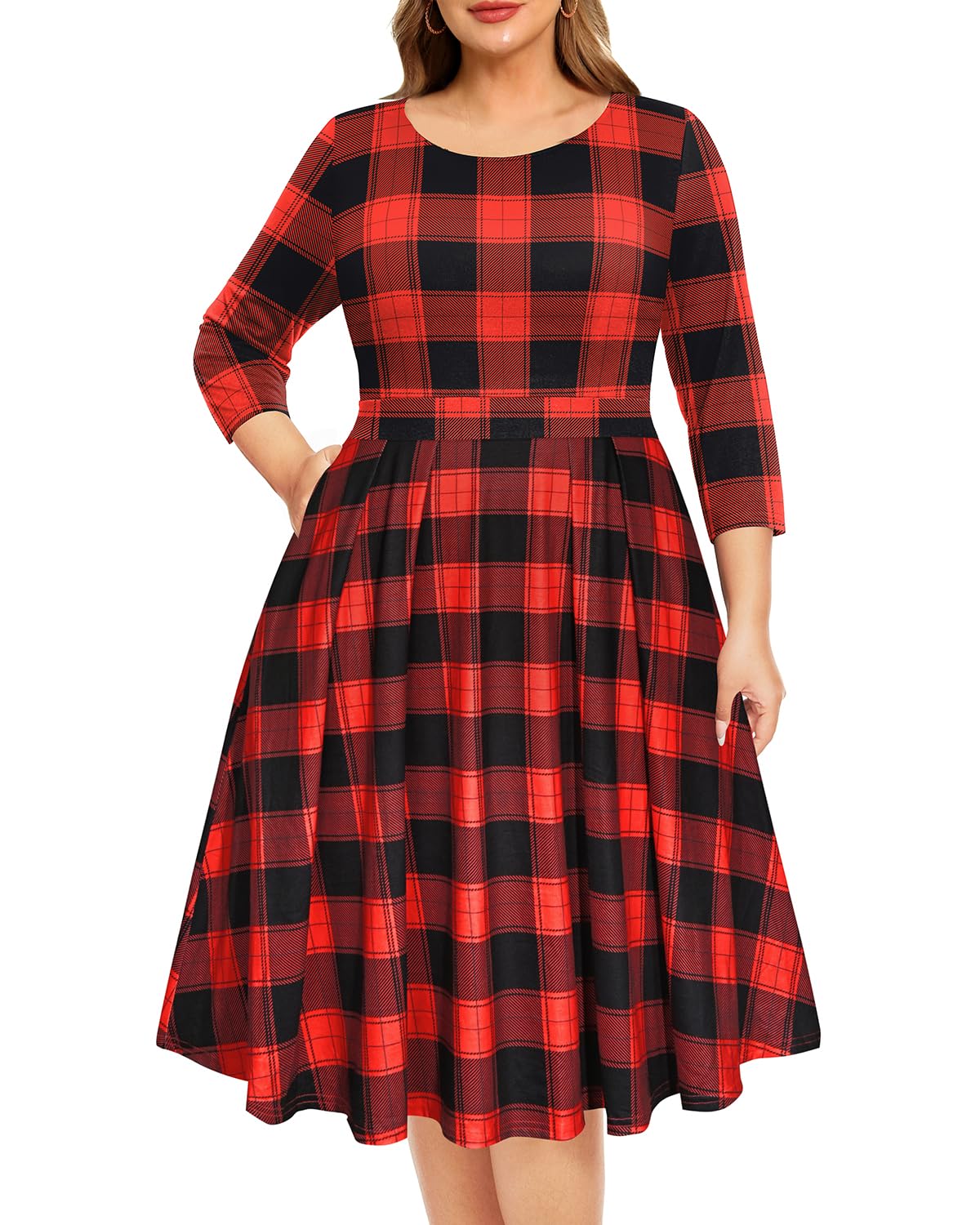 Women Plus Size Christmas Dress — Xmas Buffalo Plaid Black Red Holiday 2024 Fall 3/4 Sleeve Round Neck Midi Dresses - Bella Blue Styles