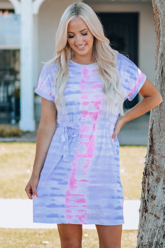 Women Tie-Dye Belted T-Shirt Dress - Bella Blue Styles