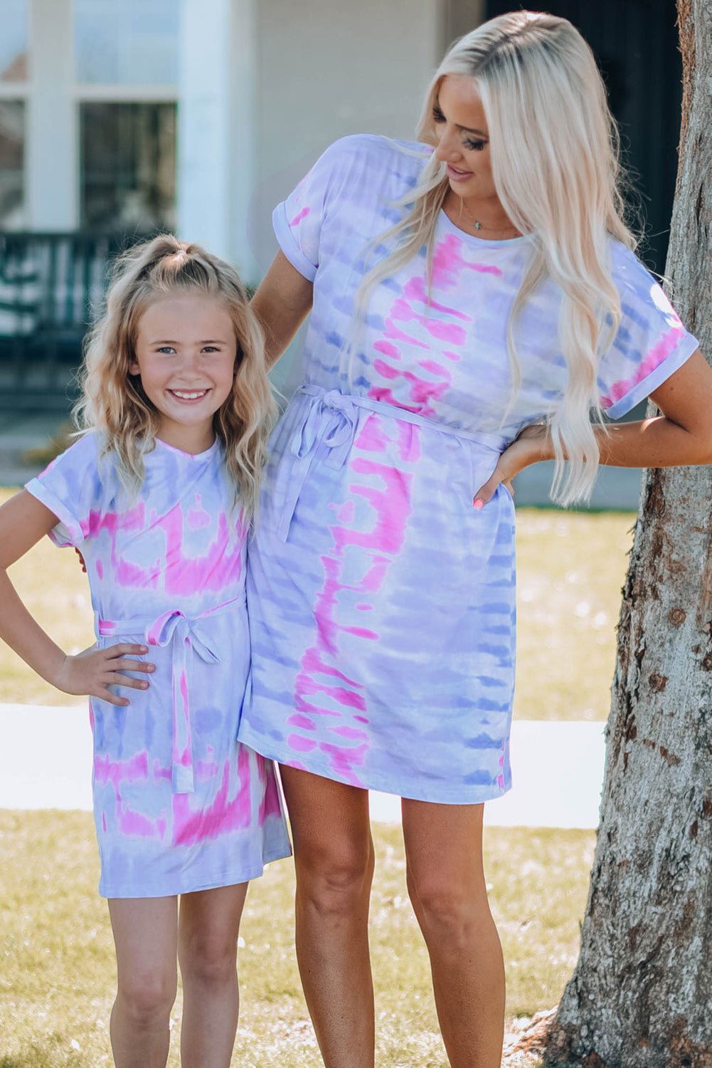 Women Tie-Dye Belted T-Shirt Dress - Bella Blue Styles