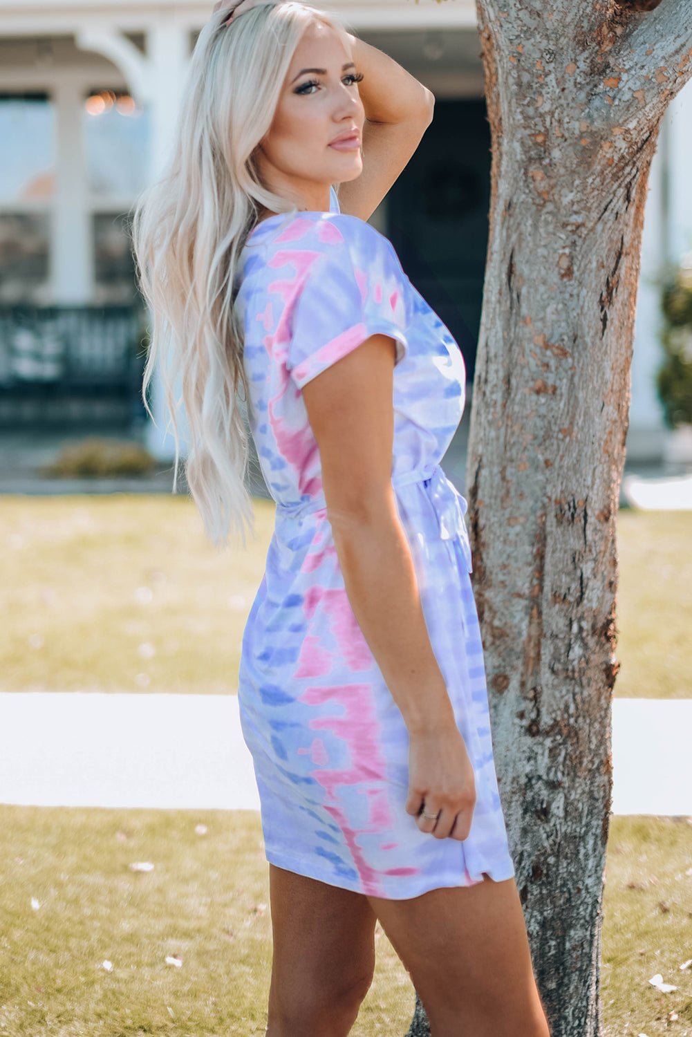 Women Tie-Dye Belted T-Shirt Dress - Bella Blue Styles