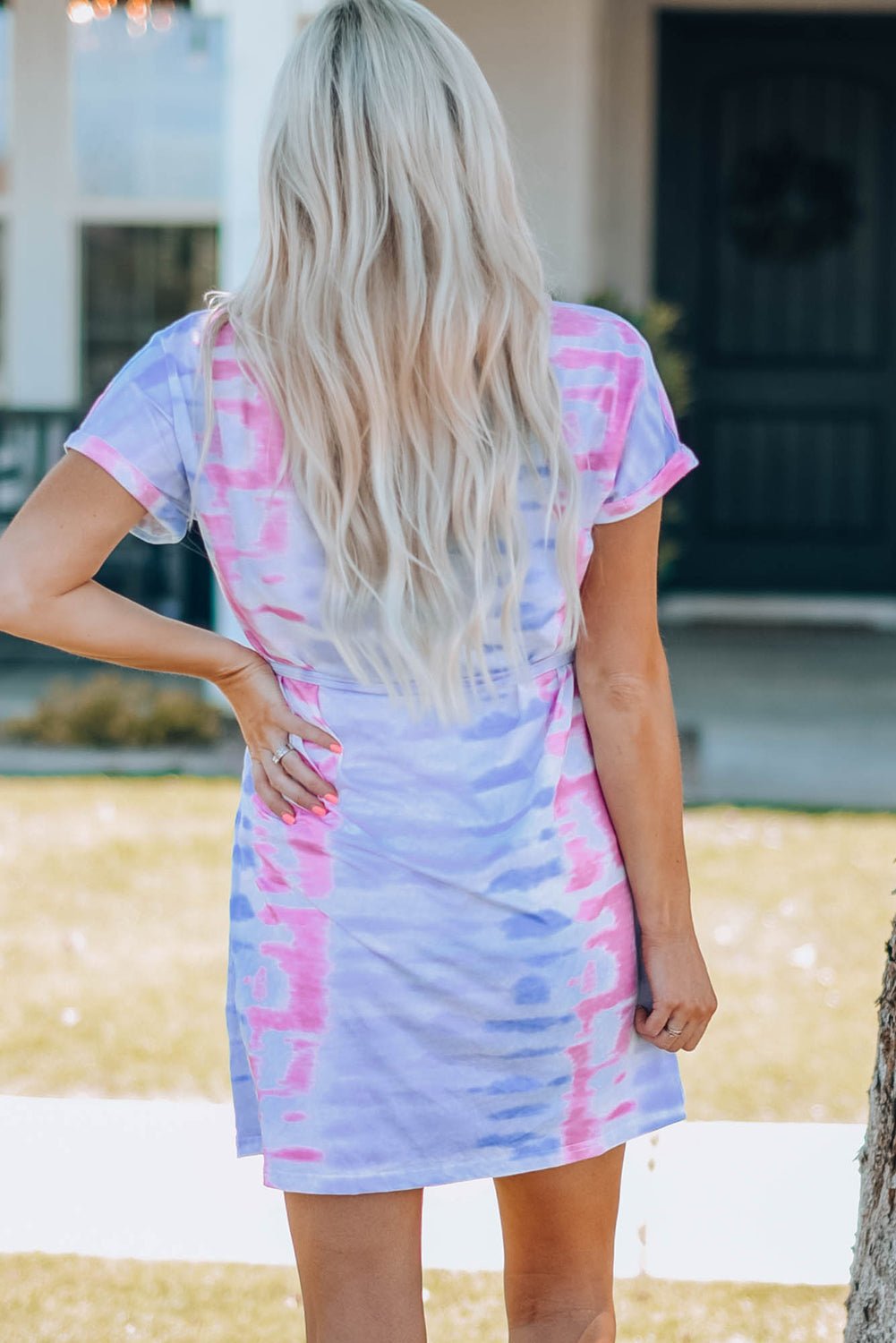 Women Tie-Dye Belted T-Shirt Dress - Bella Blue Styles