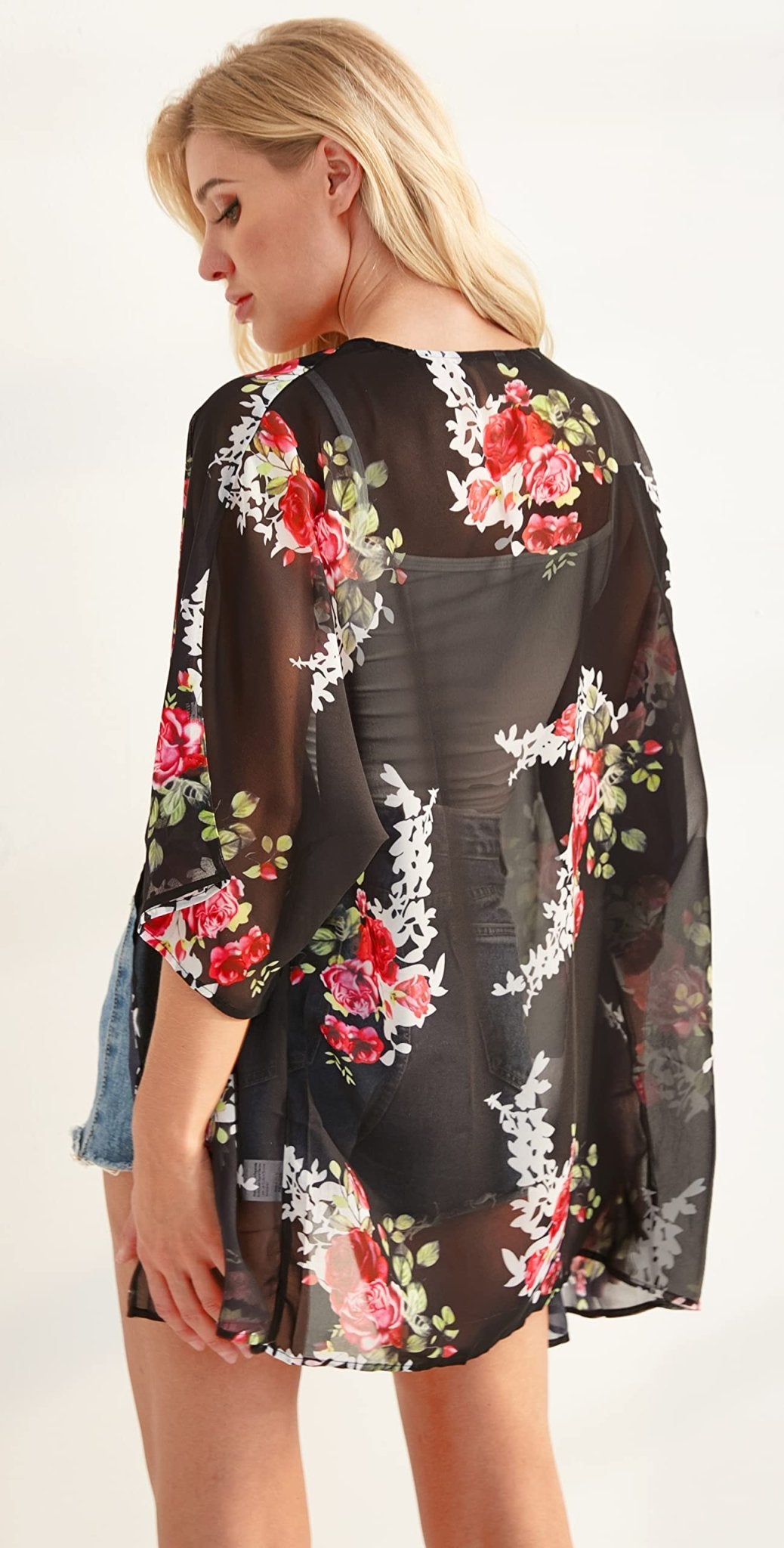 Women's Floral Print Short Sleeve Shawl Chiffon Kimono Cardigan Casual Blouse Tops(Black L) - Bella Blue Styles