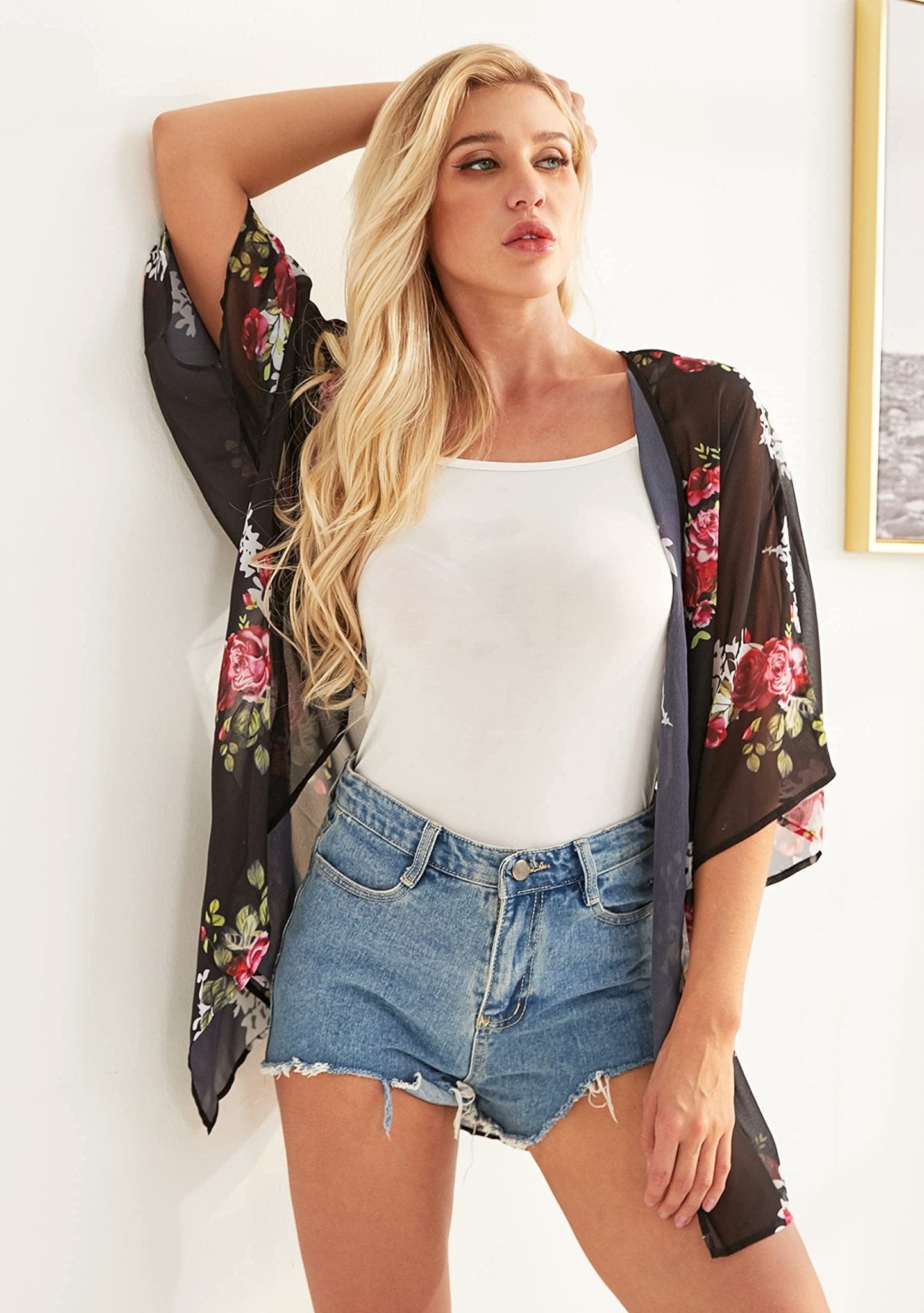 Women's Floral Print Short Sleeve Shawl Chiffon Kimono Cardigan Casual Blouse Tops(Black L) - Bella Blue Styles