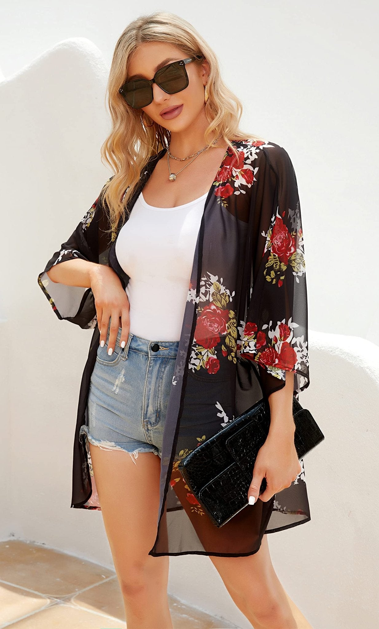 Women's Floral Print Short Sleeve Shawl Chiffon Kimono Cardigan Casual Blouse Tops(Black L) - Bella Blue Styles